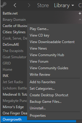 Opening the Properties window in my Steam Library.
